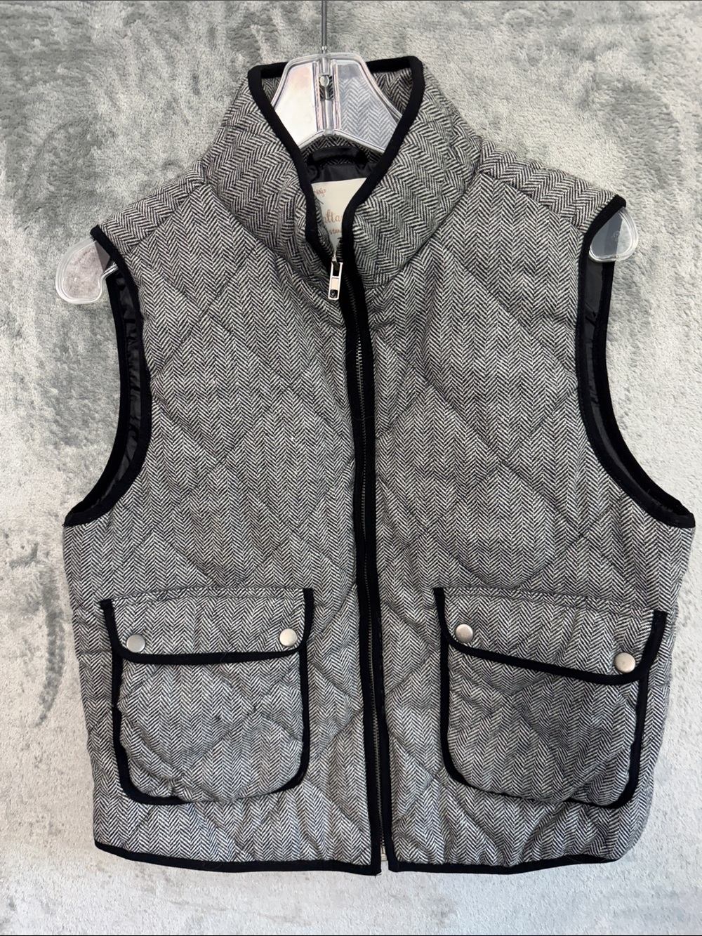 Altar'd State Gray black Herringbone Quilted Vest Black Trim wool blend
